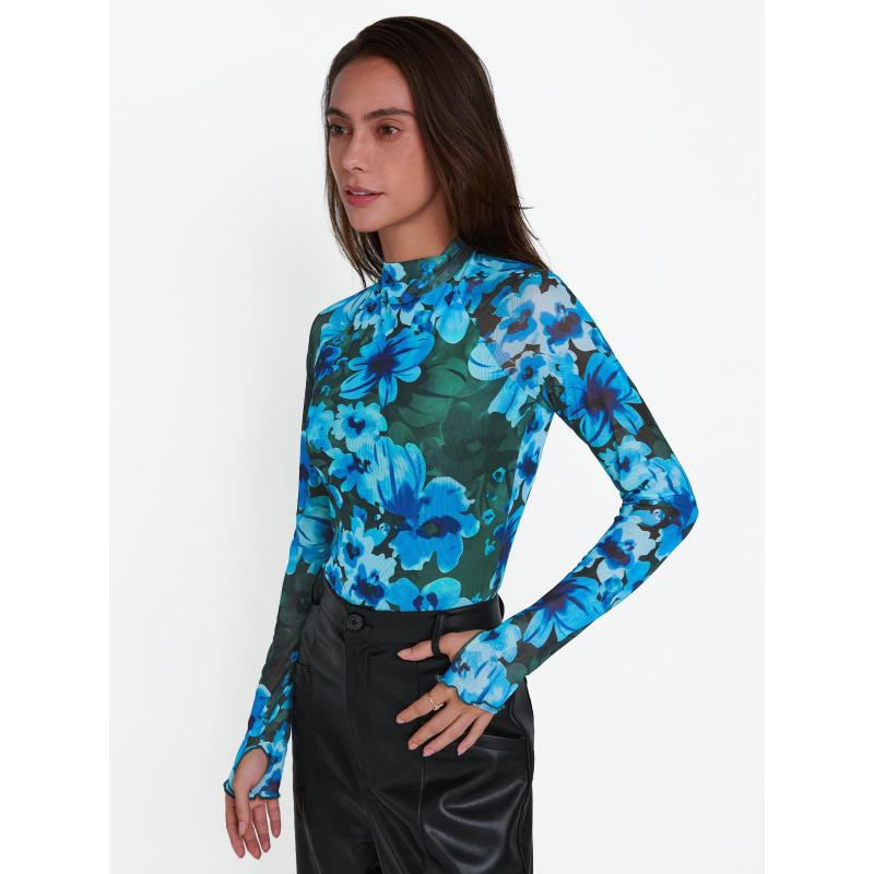 Europäischer und amerikanischer Amazon Blumen-Mesh Rundhals Langarm Mesh mit Daumenlöchern Modisches Herbst-Basisshirt Top