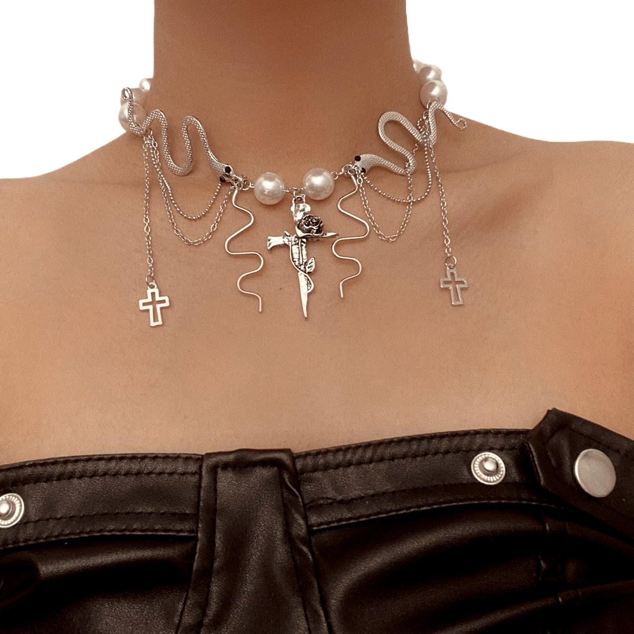 Personality Spirit Snake Pearl Fringe Cross Multi-layer Clavicle Chain Women European Cross-border Light Luxury Gothic Daily Neck Accessory Gift