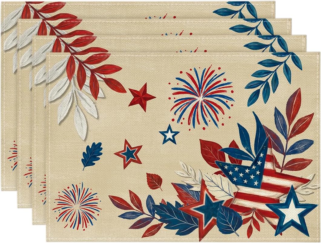 

American Flag Stars Leaves 4th of July Placemats Set of 4, 12x18 Inch Memorial Day Patriotic Table Mats for Party Kitchen Dining Decor 4pcs-12x18