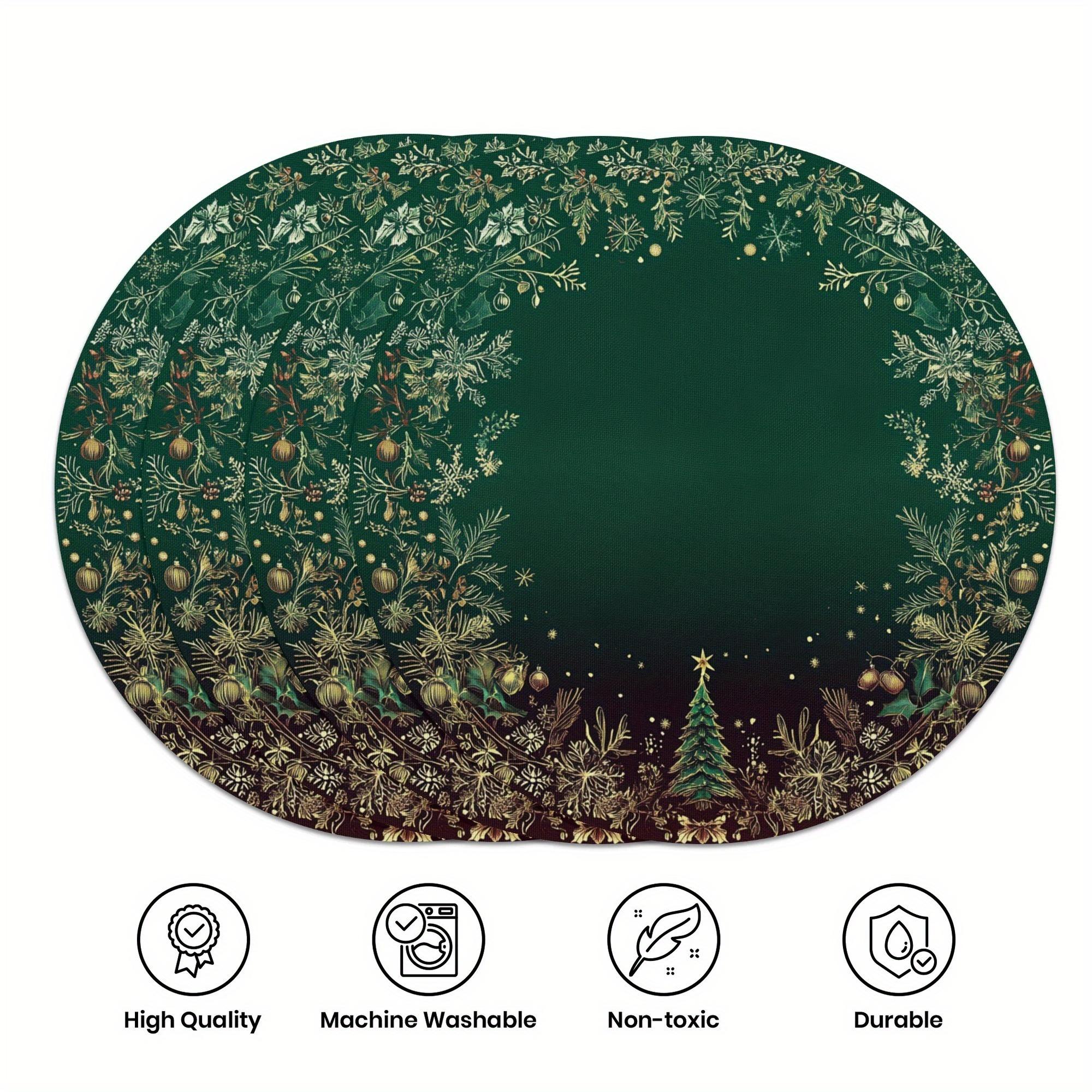 4PC Christmas Green Gold Meal Mat Golden Leaf Berry Christmas Tree Dining Table Restaurant Christmas Party Decoration 4PCS