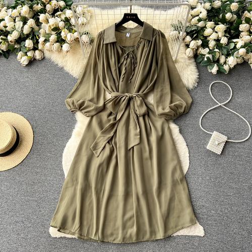 Francouzské šik Maxi šaty pro ženy Sklopný límec Lucerna Rukáv Šněrovací Dámské letní šaty Dámské Vestidos Dropship