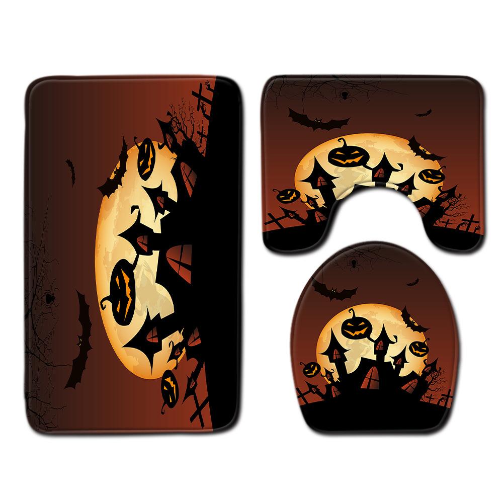 Halloween Shower Curtain Floor Mat Combination Four-Piece Set Bathroom Toilet Carpet Shower Room Foot Mat