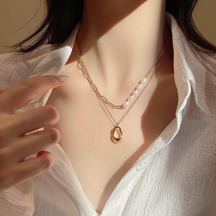 Korean Retro Double Layer Metal Pearl Choker Necklace for Women