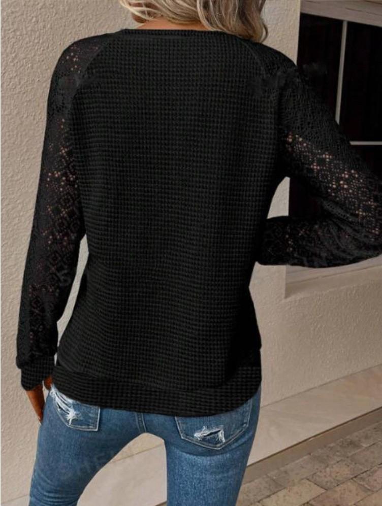 2024 European & American Patchwork Lace Sleeve Pullover: Casual Autumn Loose Fit Long Sleeve Solid Color Women's Top