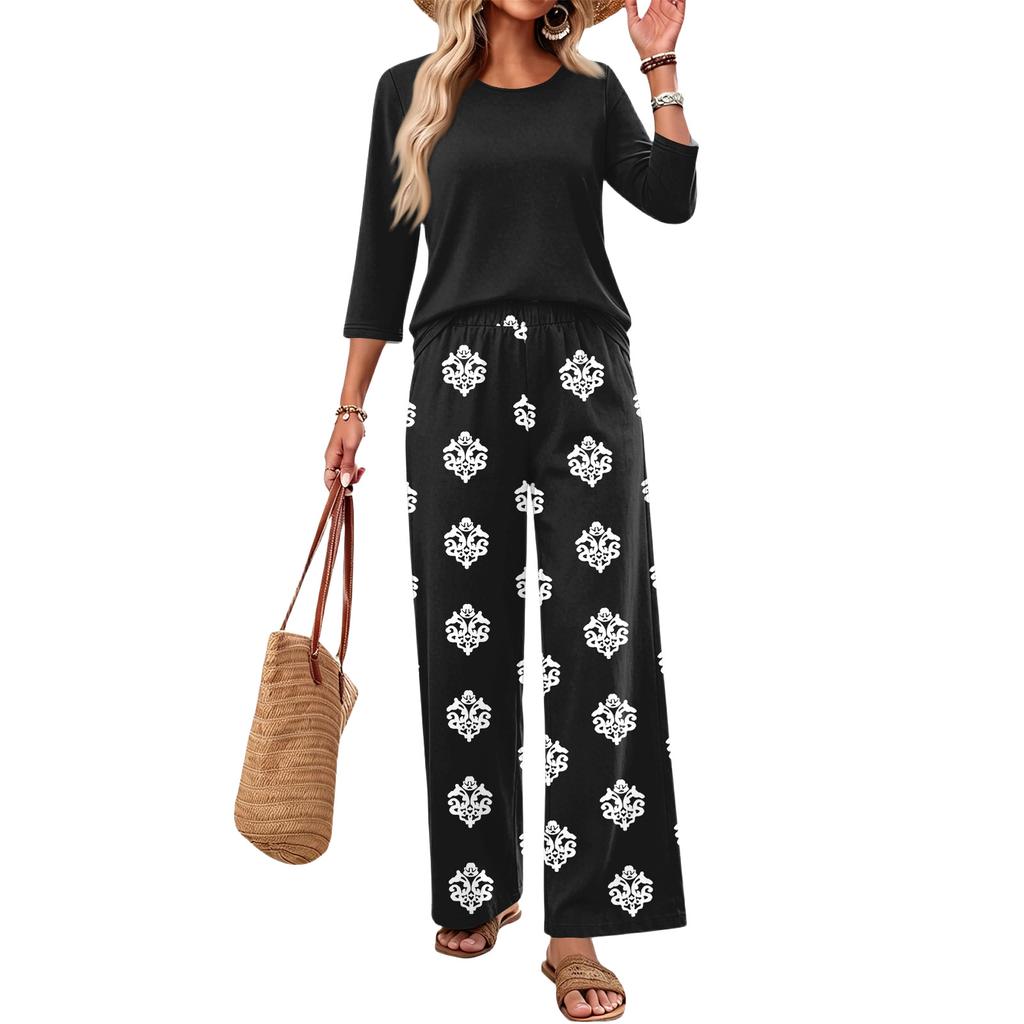 Women's Casual Two Piece Set Round Neck Loose Fit Top with Three Quarter Sleeves and Wide Leg Printed Pants Lounge Wear Set
