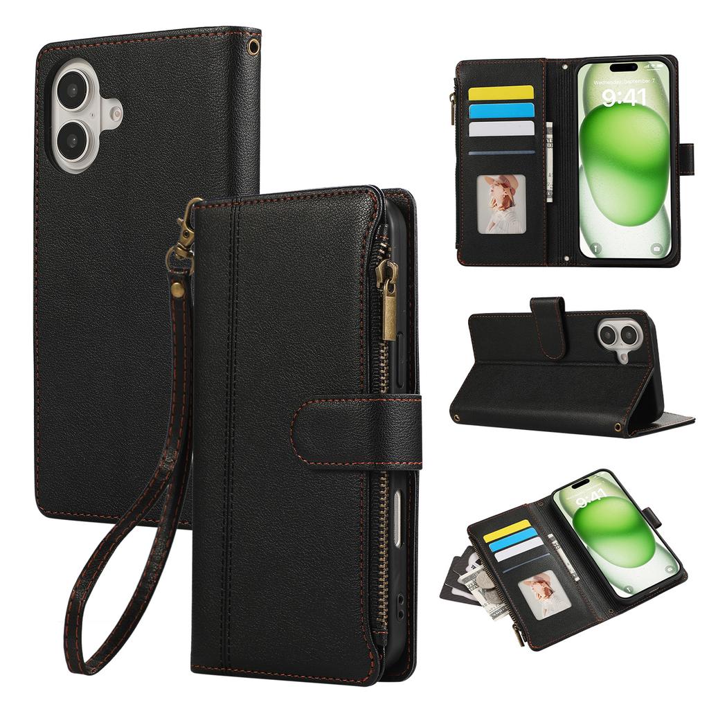 For iPhone 16 Case Multi Card Slots Zipper Leather Phone Cover with Wrist Strap