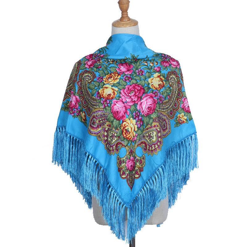 110*110Cm Russian Scarf Floral Woman'S Shawl Tassel Floral Print Hijab Headscarf Wraps Handkerchief Bandana Beach Travel Blanket