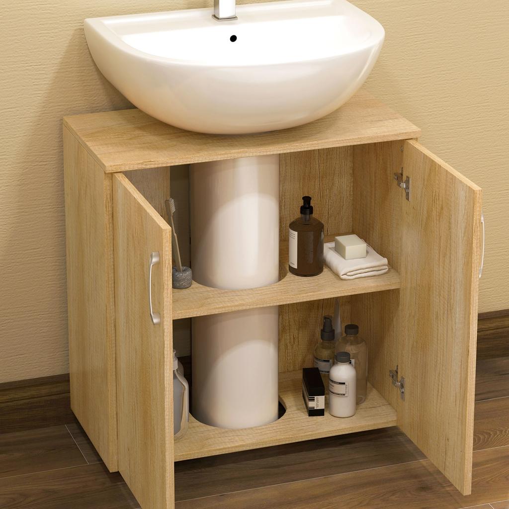 Suspended Under-Sink Bathroom Cabinet with 2 Doors and 2 Shelves in Wood, Natural Color