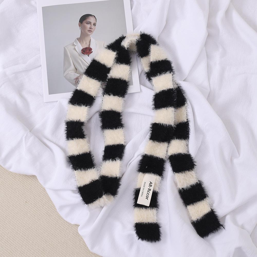 

Пушистый полосатый узкий шарф в стиле Y2K для универсальной многослойности и персонализированного украшения 175cm+