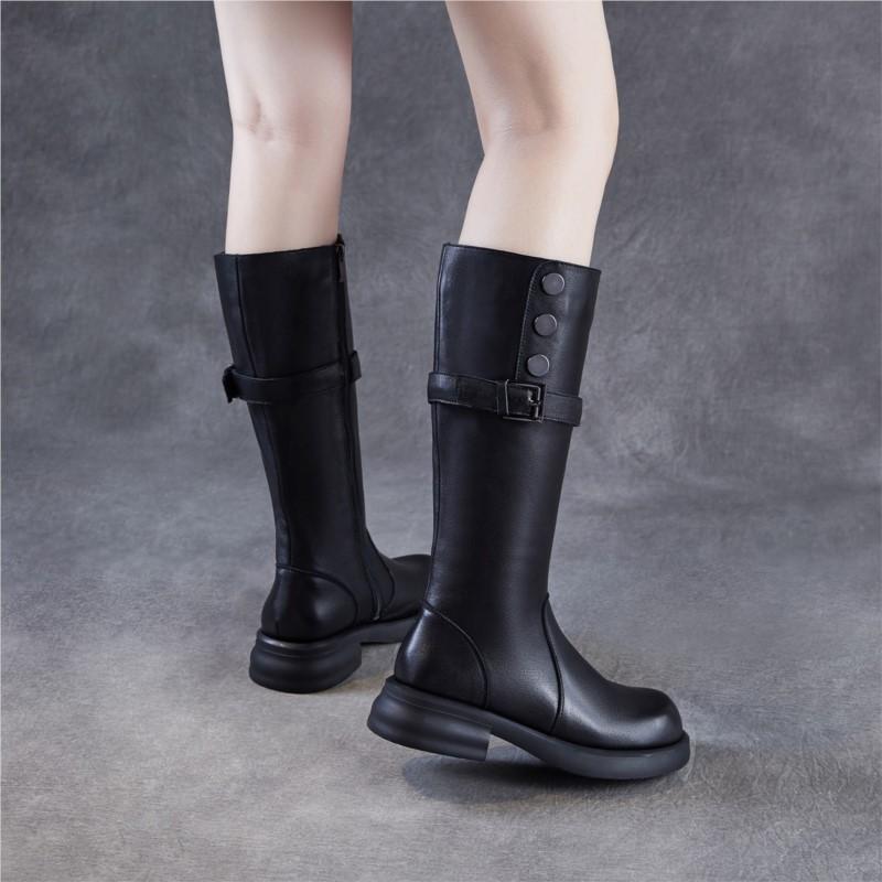 Johnature Skórzane Retro Damskie Kozaki Rycerskie na Grubej Podeszwie Okrągły Nosek Klamra Paska Wysokie Kozaki
