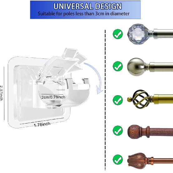 8PCS Curtain Rods No Drilling,No Drill Curtain Rod Brackets Hooks Nail Free Adjustable,Stick On Curtain Rod Transparent Hook Holders for Home