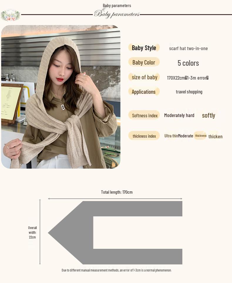 Korean Style Knitted Shawl Scarf Hat Combo - Women's Solid Color Autumn/Winter Cape