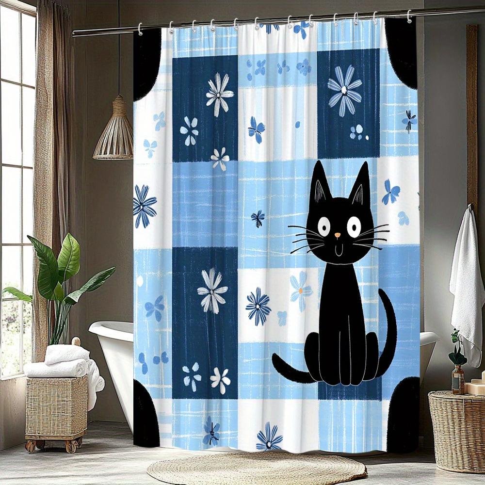 1Pc Cartoon Cat And Floral Pattern Shower Curtain Lively And Cute Animal Design Suitable For Bathroom Decoration Polyester Fabri