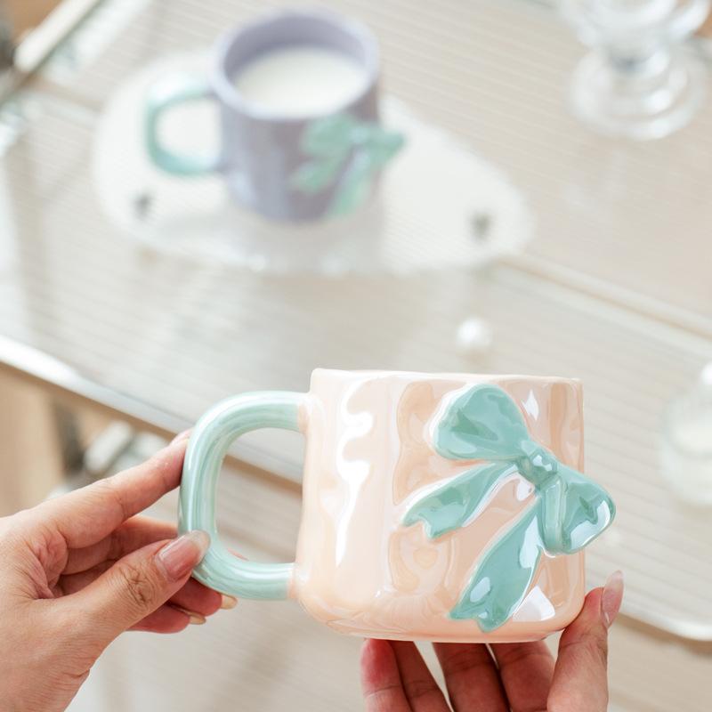Pearlescent Glaze Bow Mug Nordic High Appearance Level Electroplated Ceramic  High End Feel  A Birthday Gift for A Girl's Best Friend