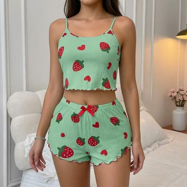 Striped Heart Lingerie Camisole & Shorts Pajama Set for Women - Summer Home Wear, Two-Piece