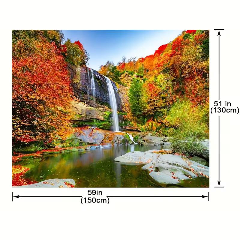 2D Autumn Waterfall Tapestry, Vibrant Fall Forest with Cascade and Reflecting Pool Print Wall Hanging 47.2x31.5inch/120*80cm