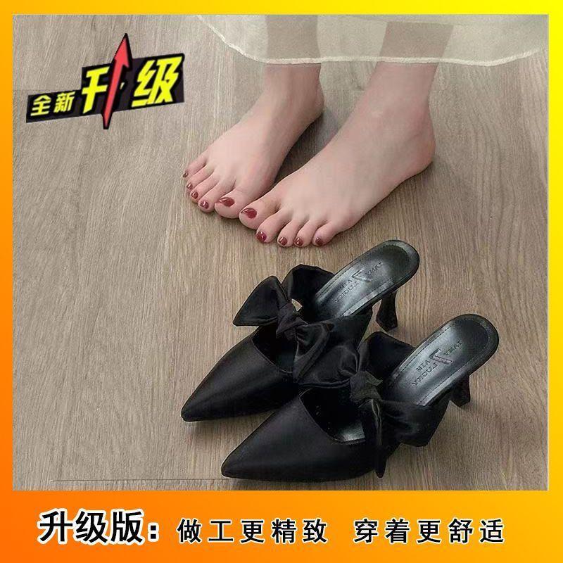 Thin heel height increase 2025 summer new bow pointed head bag head cool slippers women's niche going out high value slippers