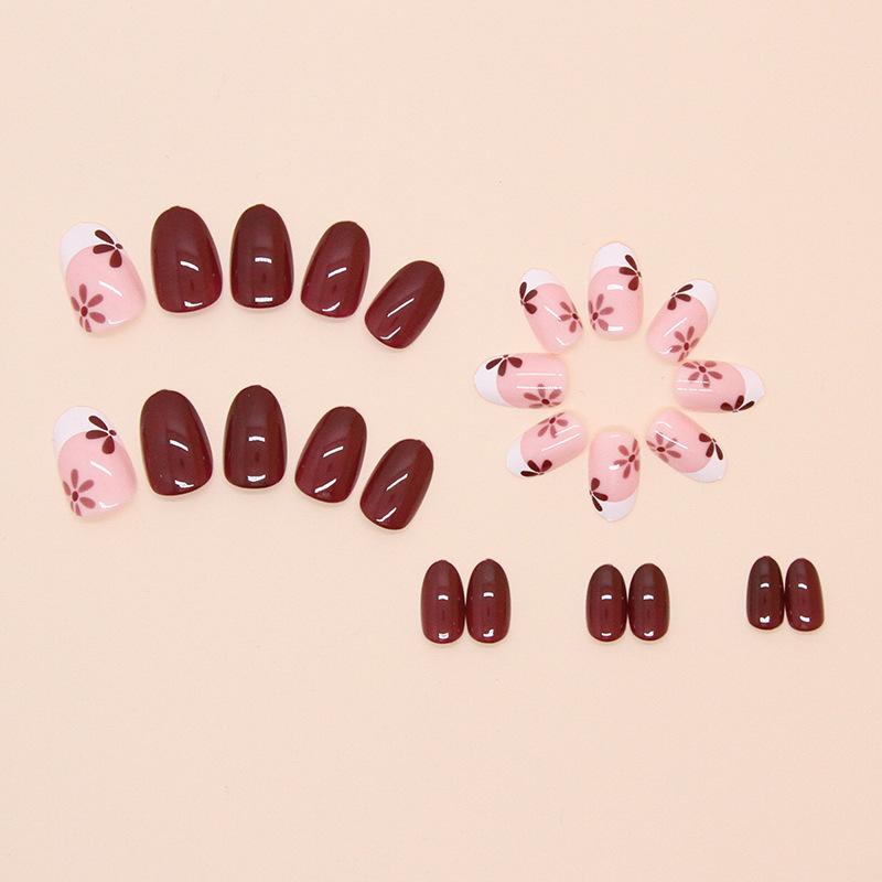 Fake Nails Wear Nail Pieces Chocolate Brown French Fake Nails Flower Simple Removable Pieces 24 Pieces