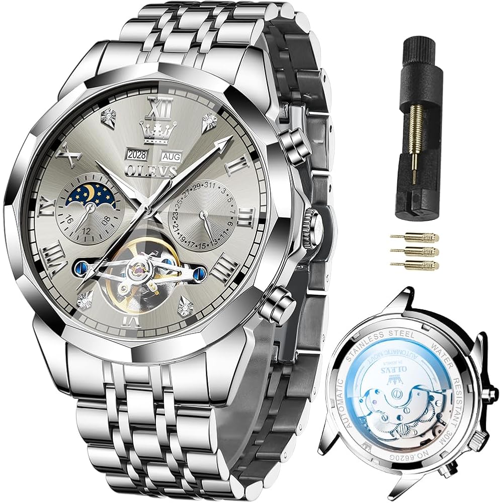 OLEVS Automatic Men s Watch Stainless Steel Skeleton Waterproof Luxury Silver Gray Mechanical Timepiece