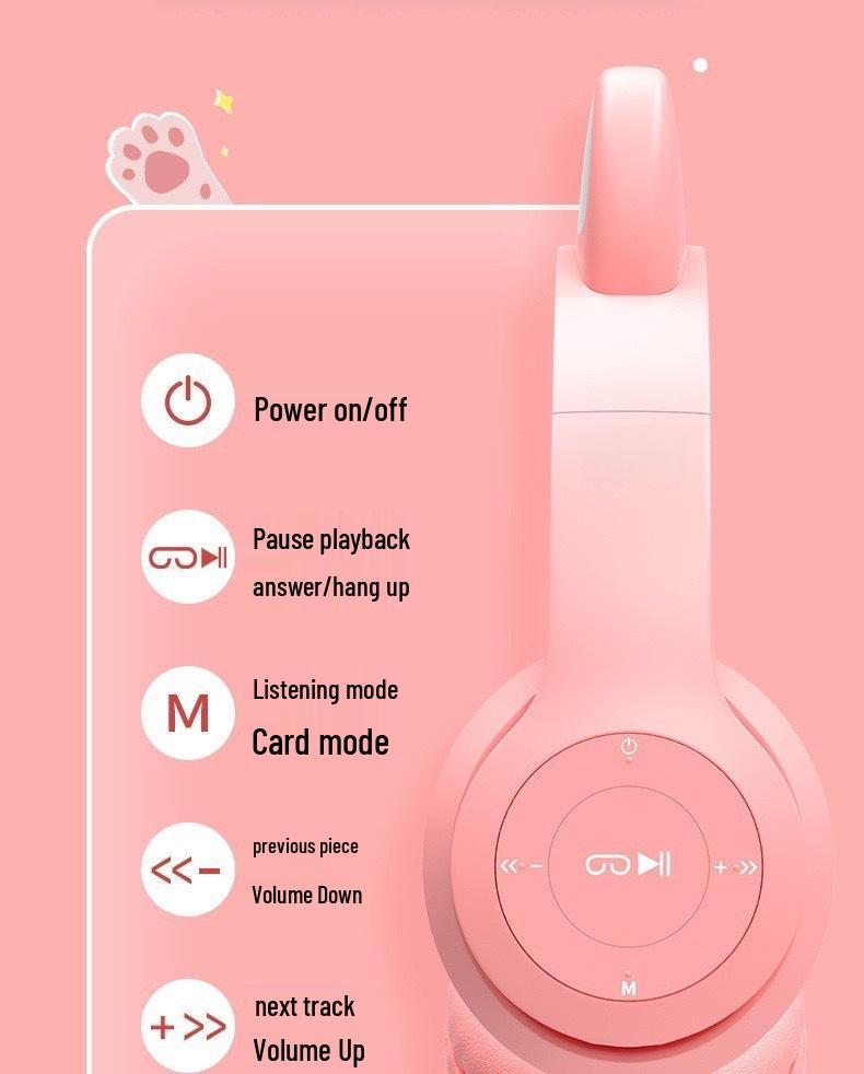 P47M Wireless Bluetooth Cat Ear Gaming Headphones, Stereo Sports Style, Low Latency.