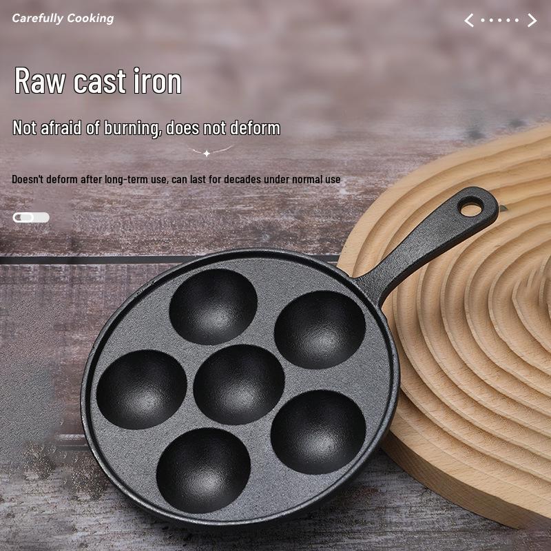 Cast Iron Six-Hole Takoyaki Pan with Handle, Non-Coated, Multifunctional Non-Stick Griddle
