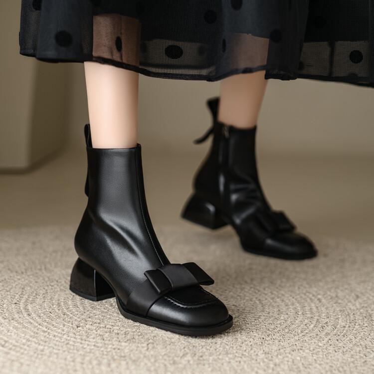 Mode Neue Winter Kuhleder Damenstiefel Eckige Zehenpartie Klobige Absätze Stiefel für Damen Mode Schleife Kurze Stiefel Damenschuhe Zapatos De Mujer