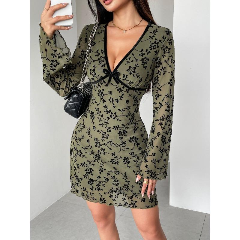 DAFIFY Women's Fashion Spring Fall Flower Pattern Print Long Sleeve V-Neck High Waist Casual Dresses