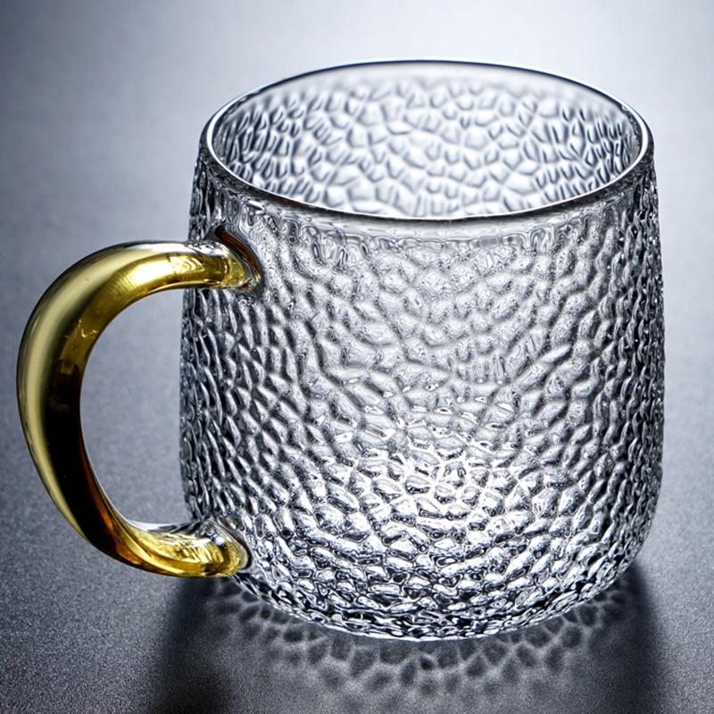 Hammer Glass Breakfast Cup Handle Design Gold Thread Cappuccino Coffee Cup Colorful Transparent Crystal Tea Service