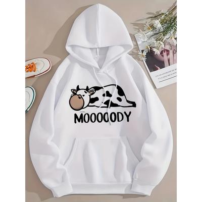 Kapuzenpullover mit Kuh-Buchstaben-Print und Kordelzug, Lässiges Langarm-Kapuzenpullover-Sweatshirt mit Kängurutasche, Damenbekleidung
