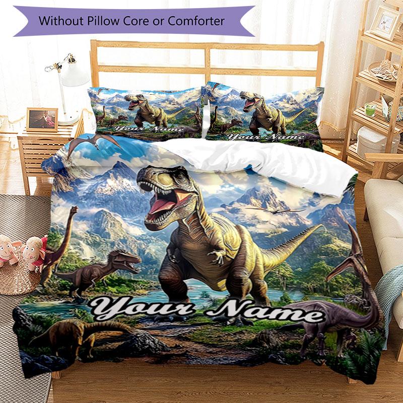 3PC Custom Name Dinosaur Adventure Mountains Bedding Set Duvet Cover Closure Includes 1 Duvet Cover & 2 Pillowcases for Bedroom