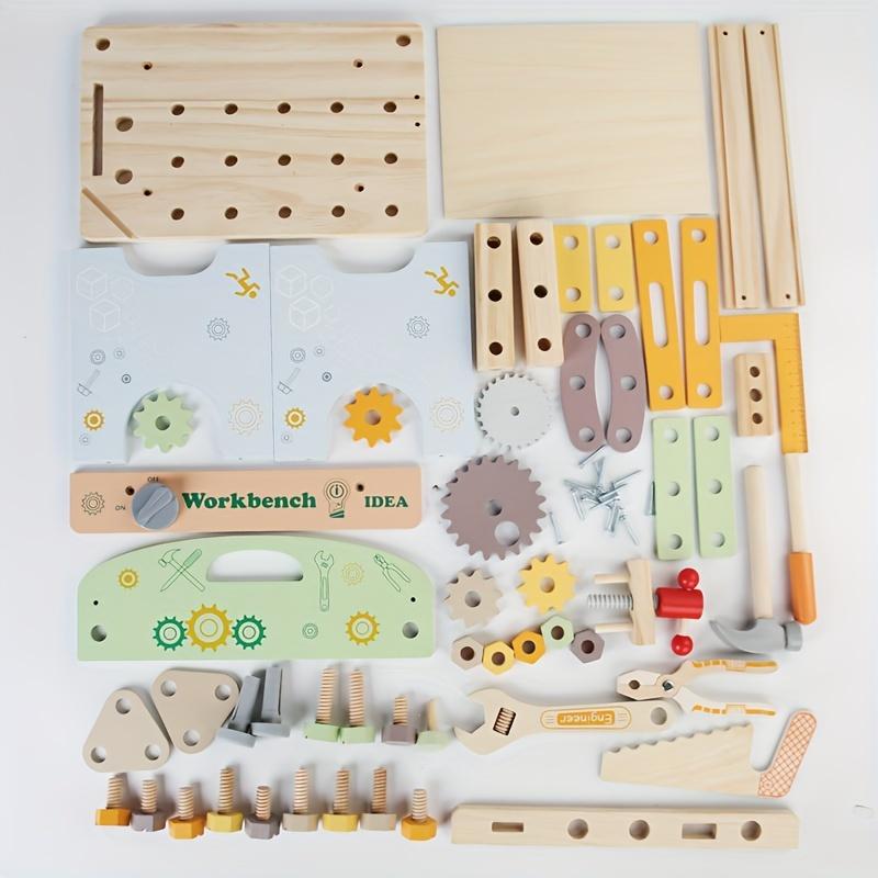 Multifunctional Wooden Tool Table for Youngsters DIY Learning Toy with Wrenches,Screwdrivers,Rulers Gears Interactive Educational Playset