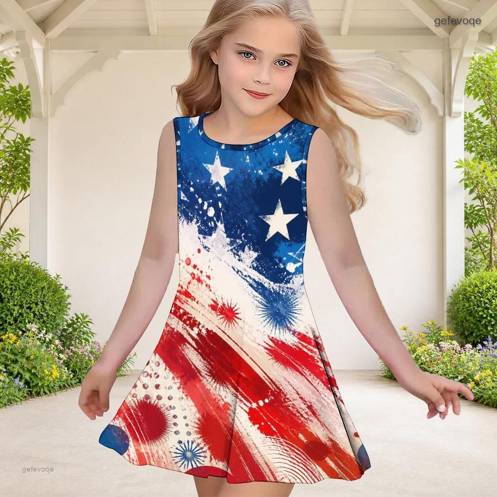 Girls Round Neck Sleeveless Navy Blue Starry Printed A Line Flared Dress