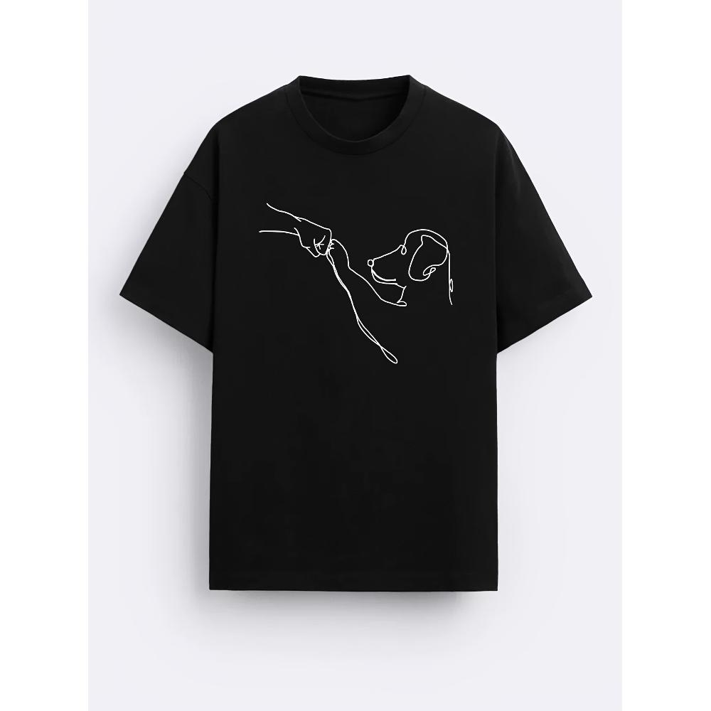 Dog Handshake Line Art T-Shirt,Soft Breathable & Fade-Resistant, Classic Fit for Daily Casual Wear