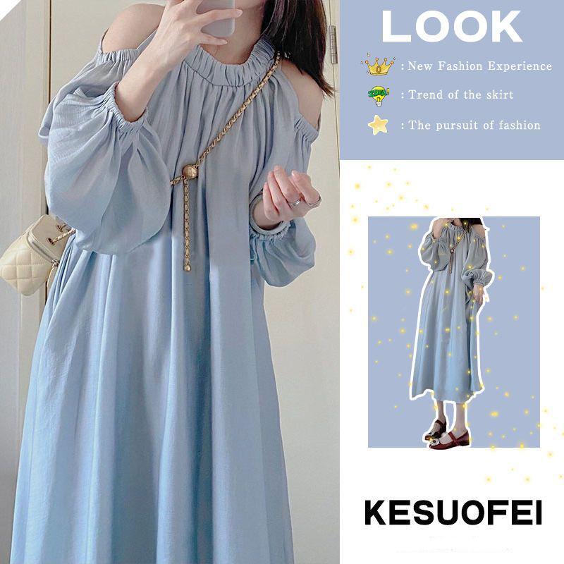 Women s Blue French Puff Sleeve Off-Shoulder Slimming Summer Dress S [60-85 jin] Guaranteed