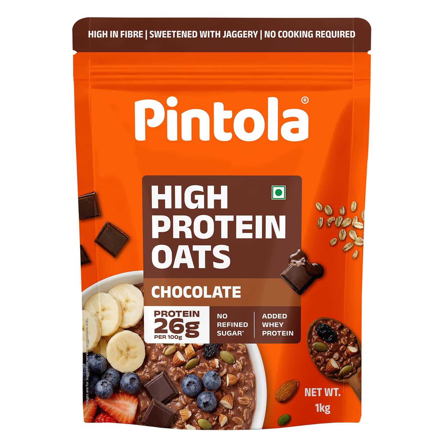 

PINTOLA 25g High Protein Oats 1kg, Dark Chocolate,No Refined Sugar, with Almonds Raisin, Pumpkin and Chia Seeds, 8g Fibre, Rolled Oats for weight