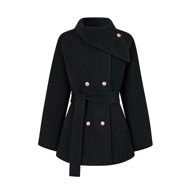 

Women s Black Hepburn-Style Short Wool Cape Coat - Thickened High-End Wool Outerwear for Autumn and Winter 2025 L чорний