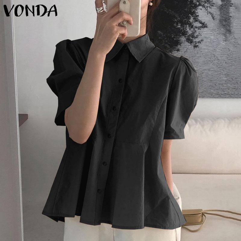 

VONDA женская летняя рубашка с пышным воротником и короткими рукавами на пуговицах, однотонная свободная рубашка трапециевидной формы