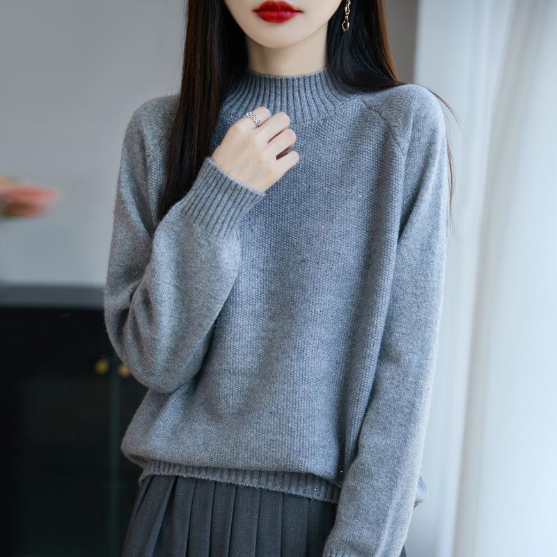 Nieuwe Gebreide Trui met Semi-hoge Hals Lange Mouwen Dames Pailletten Losse Pullover Basislaag voor Herfst en Winter