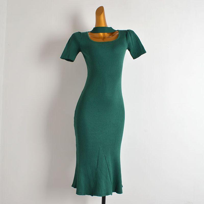 

Style New Arrival Pure Color Sexy U Collar Halterneck Knitting Dress Women s Clothing Waist-Tight Mid Length Long Length Hip-Wrapped Mermaid Dress