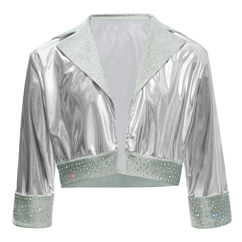 Mädchen Reverskragen Langarm Glänzende Strasssteine Metallische Jacke Jazz Dance Oberbekleidung