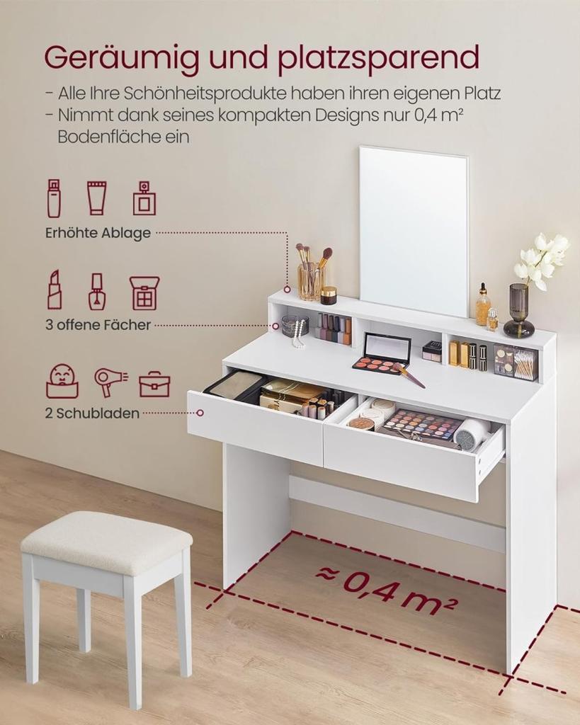 Toilette with large mirror and 2 drawers 3 Open compartments cosmetic table modern white