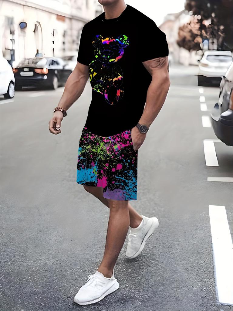 Sommer 2025 neu Bär 3D-Druck Herren Anzug lässig Kurzarm Streetwear Hip Hop