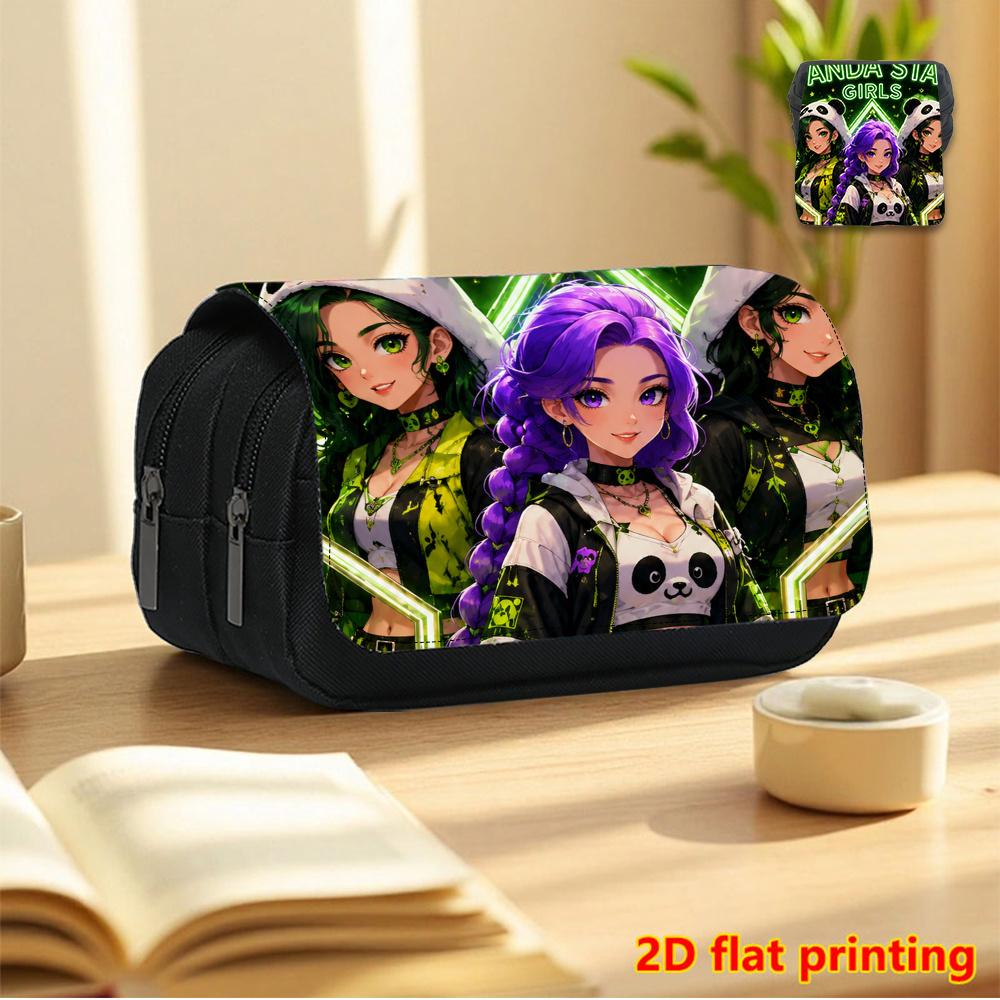 Panda Star Girl Purple-Black Clown Mecha 2D Printed Double-Layer Flip-Top Black Pencil Case - Back-to-School Essential Pencil Box, Daily Multi-Functio