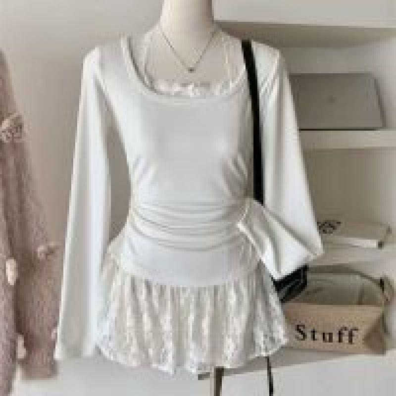 Spring & Autumn Ballet Style Lace Halter Layered Long Sleeve Women's T-shirt