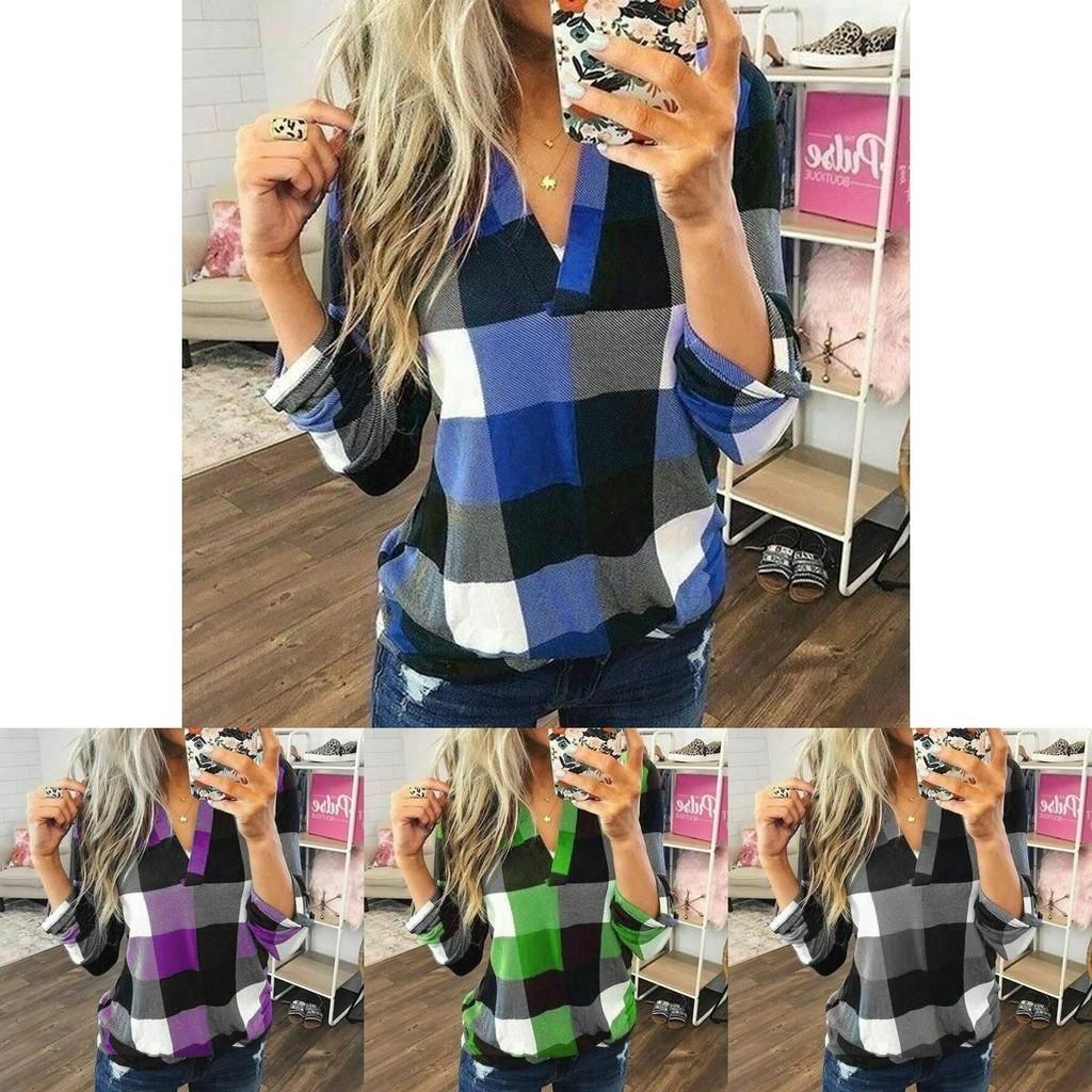 Stylish S-5xl Women's Long Sleeve Plaid T-shirt Blouse With V-neck Design