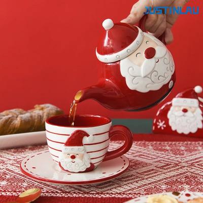 JUSTINLAU Santa Claus Ceramic Coffee Cup Saucer Teapot Creative Relief Afternoon Tea Cup and Saucer Teaware Set Christmas Gift