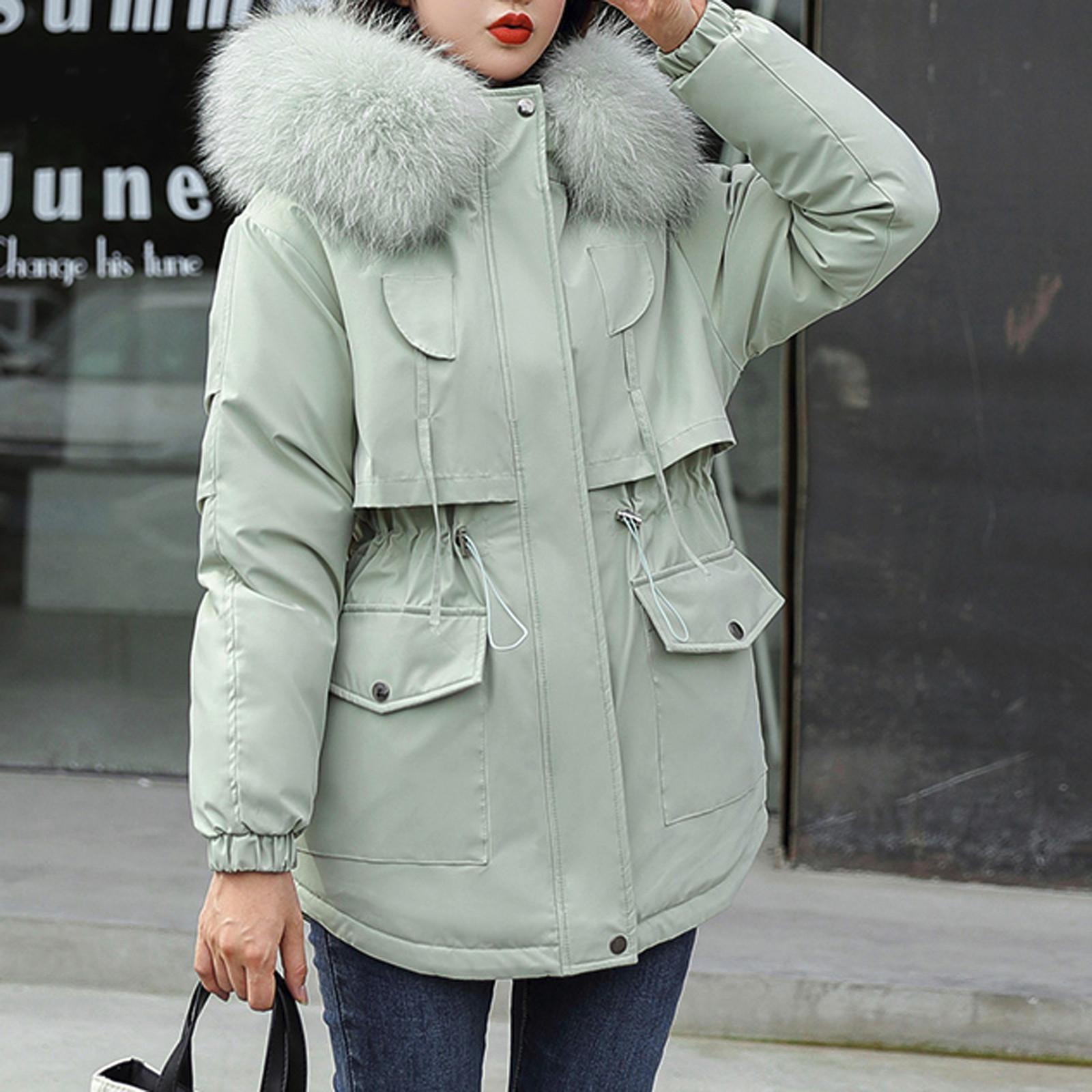 

Женская мода с длинным рукавом сплошной цвет теплая хлопковая куртка с капюшоном на молнии повседневная куртка пальто XL зелёный