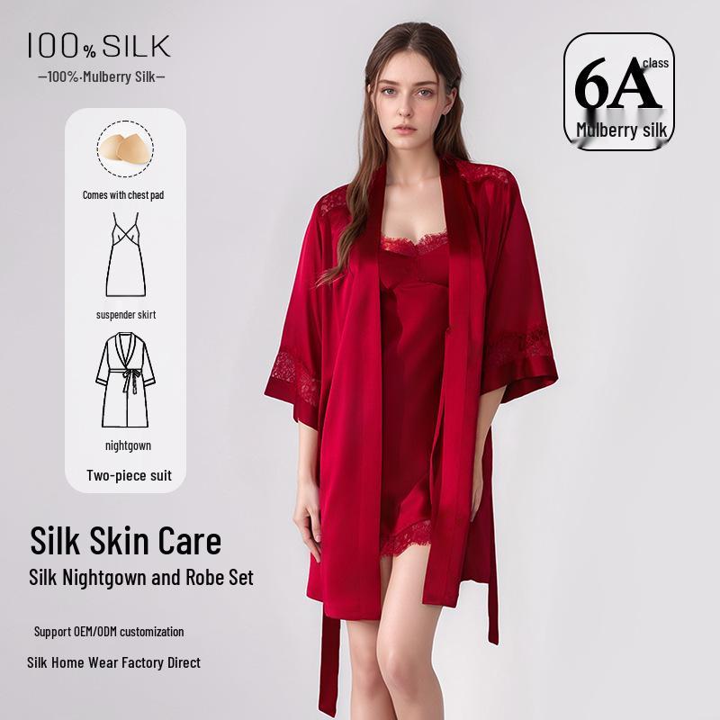 Silk Pajama Dress & Robe Set: 100% Mulberry Silk Two-Piece Camisole Dress with Morning Robe