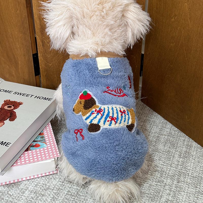 Pet Plush Embroidered Vest Dog Autumn/Winter Velvet Thickened with Traction Ring Small Dog Coat Christmas Clothes Jacket
