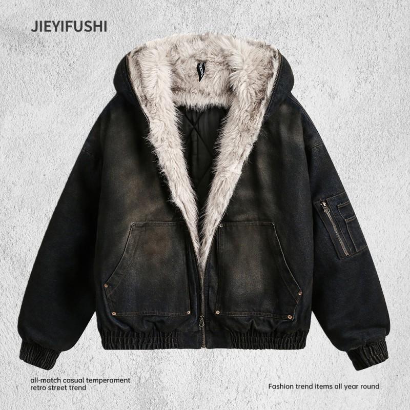 Men Winter Loose Fur Hooded Cotton Parka Streetwear Pockets Warm Thick Outwear